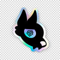 A die-cut holographic sticker shaped like a stylized black dog head with a geometric eye logo, shown on a gray-and-white checkerboard background.