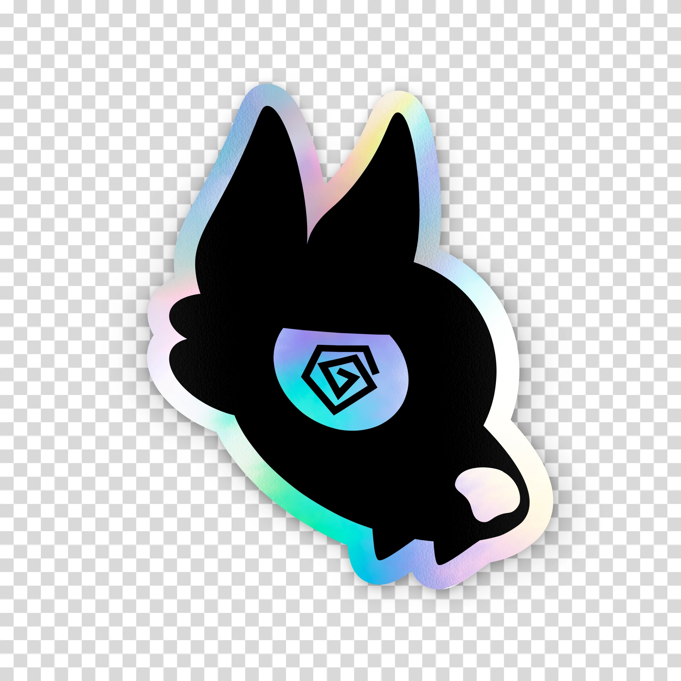 A die-cut holographic sticker shaped like a stylized black dog head with a geometric eye logo, shown on a gray-and-white checkerboard background.